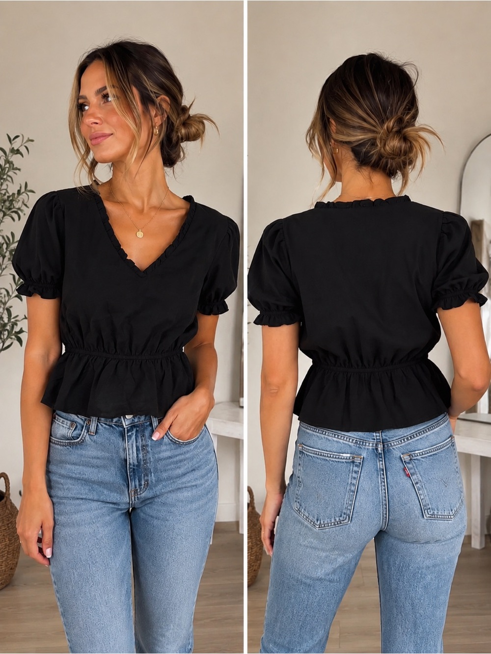 🖤 TOPSHOP Black Slight Puff Sleeve Ruffled V-Neck Peplum Top